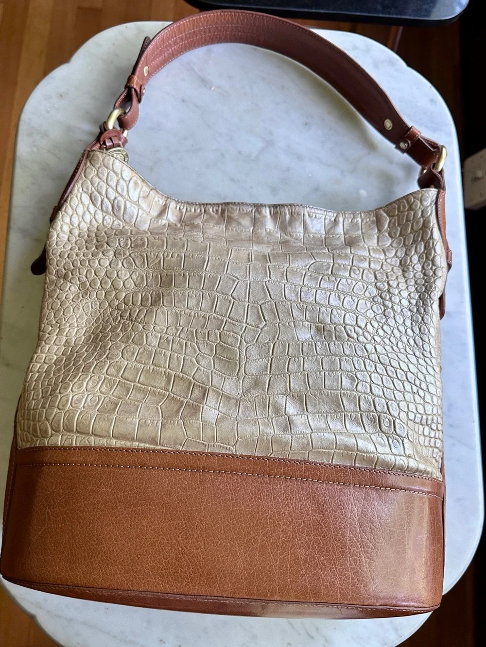 Vintage Brahmin Metallic Croc-Embossed Hobo Bag in Light Gold & Brown Leather